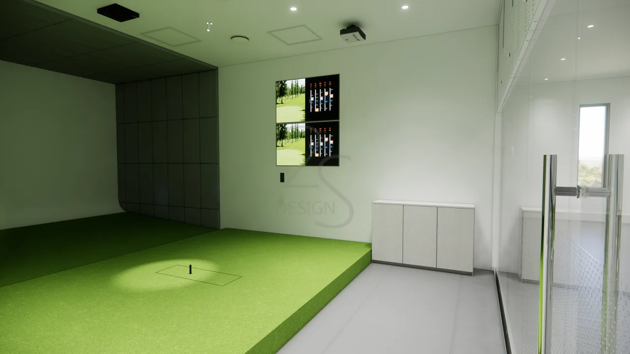 골프 트랙맨룸 3D 렌더링, 개별 스크린과 스윙 분석 모니터