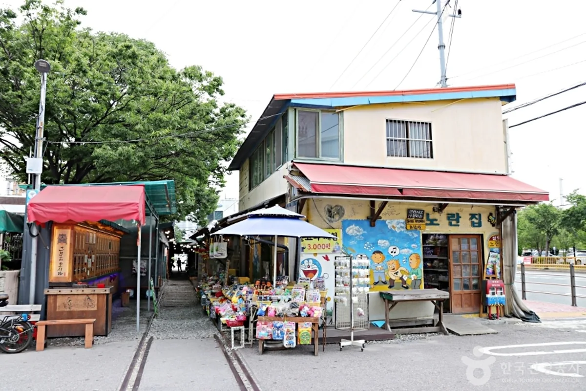 경암동 철길마을의 좁은 철길과 옛날 과자 가게