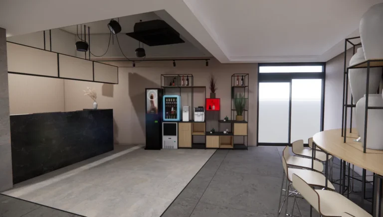 호텔 로비 셀프 체크인 존 3D 렌더링